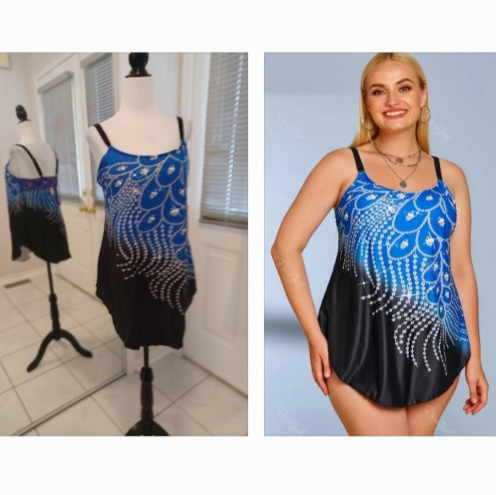 2/$50 New Black & Blue Rhinestone Print Tankini - Size 1XL (US14)